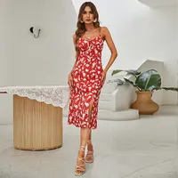 Đầm Nữ Xuân Hè Mới 2022 Đầm Dây Mảnh Màu Đỏ In Hoa Đầm Ngang Bắp Chân Dự Tiệc Bãi Biển Boho Quyến Rũ Váy Lửng
