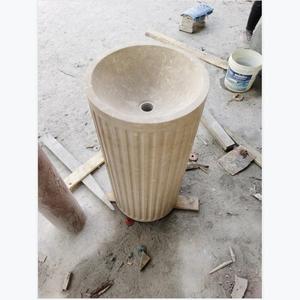 <span class=keywords><strong>Lavabo</strong></span> de baño de mármol travertino <span class=keywords><strong>Beige</strong></span> de diseño moderno, lavabos independientes para el hogar del hotel con pedestal cilíndrico y escurridor - Product Image 3