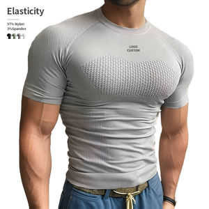 Örme Erkek Spor Tişörtü Hızlı Kuruyan Kompresyon OEM Özel Baskı %97 Naylon %3 Spandeks Dar Kesim Kısa Kollu Düz Renk - Product Image 1