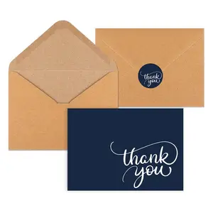 Eco Friendly Navy Blank Thank You Notes Cards with Brown Paper Envelopes and Stickers For Small Business