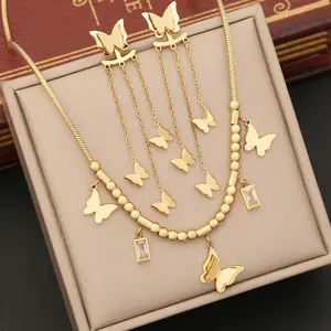Conjuntos de joyería de mariposa de acero inoxidable chapado en oro de 18k para mujer, conjunto de collar, pendientes, pulsera, 2023