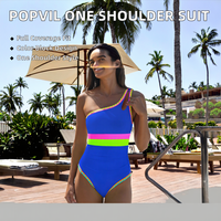 Maillot de bain une pièce asymétrique pour femme, color block, couvrant, 100 % nylon, grande taille, bleu foncé, grande taille