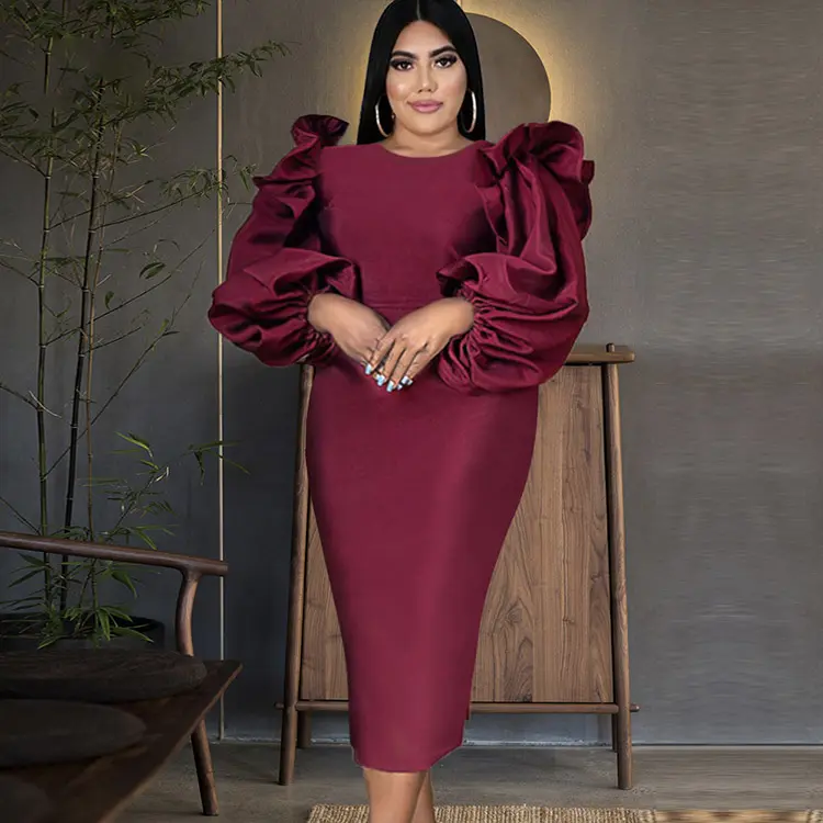 Woman Party Gown Clothing 2022 Women Plus Size Chic Solid Lantern Sleeve Red Ruffle Long Sleeve Midi Dress