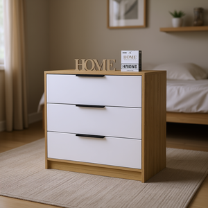 Comò Cannon a 3 cassetti bianco rovere chiaro, elegante mobile da camera da letto autoportante - Product Image 2