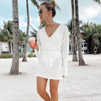 3-delige Sexy Mesh Doorzichtige Badjurk Met Massief Patroon En Lange Mouwen Strandhoes Bikini Strandkleding