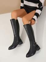 Bottes d'équitation montantes en cuir PU pour femme, talon bas, fermeture éclair latérale, bout rond, bride à boucle, confortables, automne-hiver, vente en gros