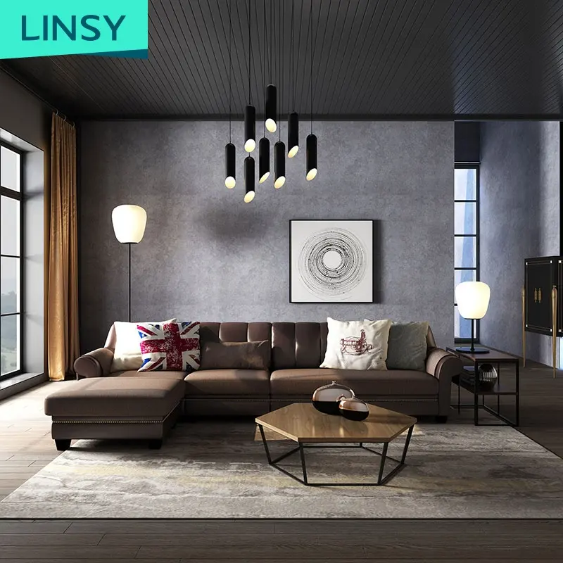 Linsy Sofas Sectionals Living Room European Leather Living Room Furniture Genuine Leather Combined With Fabric Sofa Set 2089