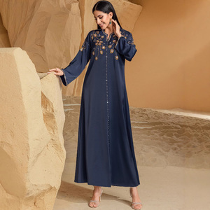 Abaya Islamica Blu Navy Resistente Cucita a Mano OEM/ODM, <span class=keywords><strong>Abbigliamento</strong></span> Islamico Taglie Forti, Vestito Lungo Elegante Stile Golfo per Ramadan ed Eid - Product Image 4