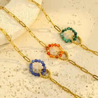 Bracelet en acier inoxydable avec fermoir trombone, perles double anneau en pierre naturelle multicolores, bijoux de mode étincelants, cadeau