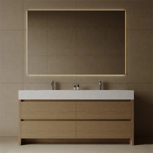 Tocador de baño moderno de madera Lavabo doble independiente Lavabo Tocador de baño en <span class=keywords><strong>roble</strong></span> <span class=keywords><strong>claro</strong></span> con parte superior de tocador de cuarzo blanco - Product Image 4