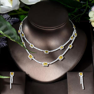 HIBRIDE Set kalung dan anting-anting terbaru desain baru 2 buah perhiasan zirkonia kubik bentuk persegi untuk hadiah pesta wanita N-371 - Product Image 2