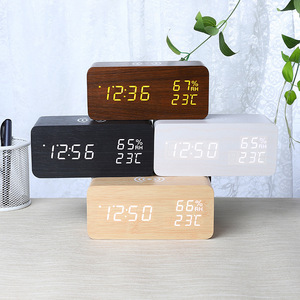 Wooden Digital <b>LED</b> Table <b>Clock</b> with Temperature & Humidity Monitoring Voice Control Alarm Calendars/Date Battery Operated - Product Image 1
