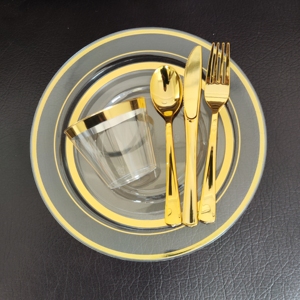 Platos <span class=keywords><strong>de</strong></span> <span class=keywords><strong>plástico</strong></span> <span class=keywords><strong>duro</strong></span> <span class=keywords><strong>de</strong></span> primera calidad para 25 invitados Platos <span class=keywords><strong>de</strong></span> cena <span class=keywords><strong>de</strong></span> oro transparente desechables <span class=keywords><strong>de</strong></span> lujo con diseño único para fiestas <span class=keywords><strong>de</strong></span> boda - Product Image 2