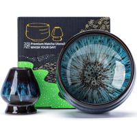 Ensemble de bols à matcha en céramique de porcelaine en stock, bleu, avec support pour fouet, écologique, durable, design moderne Japandi, 2 pièces, prêt à expédier