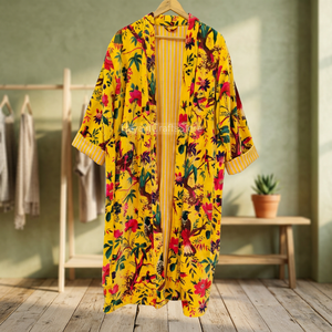 Kimono long à imprimé floral jaune pour femmes, vêtements d'été et d'hiver pour les vacances, manches trois quarts, robe kimono en coton non tissé - Product Image 5