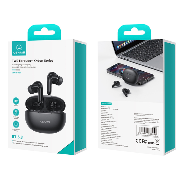USAMS XD18 2023 New Factory Wholesale Price Wireless Charging case Box BT5.3 TWS Earbuds Wireless Mini Headphones Earphones