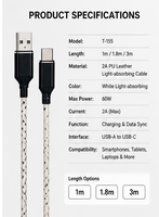Câble de données Togudu T-155 USB-A vers USB-C Type-C 480 Mbps 1m/1,8m/3m en nylon luminescent pour téléphone portable