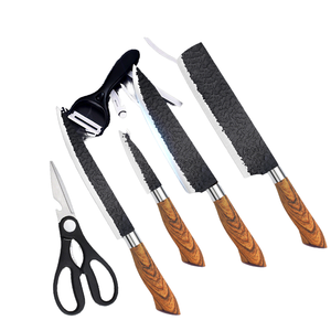 Lot de 6 couteaux de cuisine en acier inoxydable, lames revêtues ambidextres, durables, avec manche en bois écologique – Vente en gros usine - Product Image 1