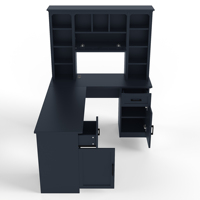 Bureau d'ordinateur en forme de L avec 2 armoires, 2 tiroirs, 11 étagères ouvertes, 1 étagère rabattable à droite, prise de courant, finition bleu antique