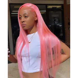 Ready To Ship Cosplay Silky Straight Hd Lace Frontal Wig Human Hair Wig Glueless Pink Color Lace Front Wig For Black Women