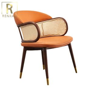 Chaise de salle à manger en rotin bois massif de style nordique, avec dossier, accoudoir, style rétro, en cuir médiéval - Product Image 3