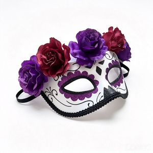 Masque gothique HLC rouge et violet avec roses, masques <span class=keywords><strong>de</strong></span> fête mexicains pour le carnaval du Dia <span class=keywords><strong>de</strong></span> Los Muertos, masque demi-visage tête <span class=keywords><strong>de</strong></span> mort en sucre pour le Jour des Morts - Product Image 4