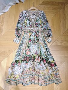 100% шелковое длинное платье 2025 осеннее вечернее женское сексуальное винтажное платье с V-образным вырезом и цветочным принтом, расшитое бисером, Платье макси с длинным рукавом для выпускного вечера - Product Image 6