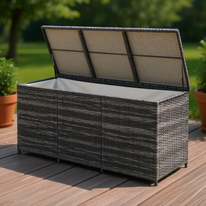 Baule portaoggetti da esterno in resina PE grigia intrecciata con rivestimento per cuscini da patio, giocattoli e attrezzi - Product Image 2