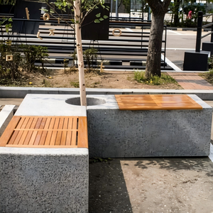 Banc à plantes en béton avec assise en bois massif pour parcs publics et projets immobiliers commerciaux - Product Image 3