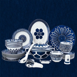 58 Pcs <b>Dinnerware</b> <b>Set</b> Kitchen Utensils Flatware <b>Sets</b> Porcelain <b>Dinnerware</b> <b>Set</b> Wholesale Western Ceramic Minimalist Blue Cup Kit - Product Image 3