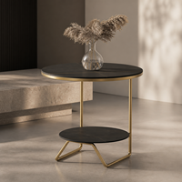Table basse moderne en pierre frittée noire, directement de l'usine, avec cadre asymétrique en U fin couleur or champagne, mobilier de salon