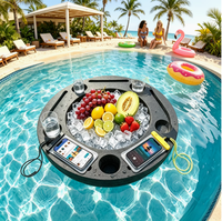 Grand plateau flottant pour boissons, noir, rond, 5 trous pour gobelets, table de piscine gonflable, plateau de service portable pour collations