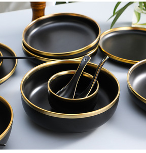 Eco-Friendly <b>Black</b> Bone China <b>Dinner</b> <b>Set</b> with Gold Rim for Luxury Dining Tableware for Restaurants - Product Image 3