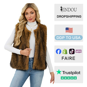 Veste tendance en fausse fourrure pour <span class=keywords><strong>femme</strong></span>, col en V, <span class=keywords><strong>sans</strong></span> manches, couleur unie, veste longue en fourrure artificielle, vente chaude - Product Image 2