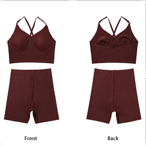 Gân Phong Cách Màu Nâu Sexy Phụ Nữ Mùa Hè Trang Phục Tập Thể Dục Phòng Tập Thể Dục Thể Thao Áo Ngực Quần Short Yoga Hai Mảnh Thiết Lập - Product Image 2