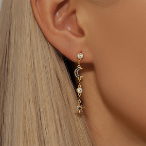 Boucles d'oreilles longues à pampilles en argent S925, motif géométrique étoile et lune - Product Image 4