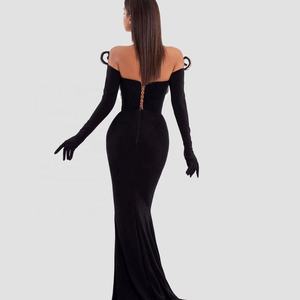Kadin zarif siyah Mermaid akşam elbise kapalı omuz elmas lüks balo parti elbise eldiven resmi vesilesiyle elbiseler - Product Image 2