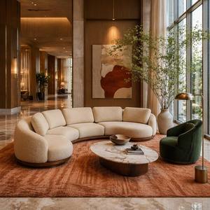 Canapé d'hôtel modulaire de luxe en forme de serpentine, blanc crème, avec piétement en bois, pour hôtels 5 étoiles, personnalisable OEM - Product Image 2