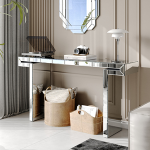 Mesa Consola de Lujo con Espejo de Cuerpo Entero de 60 Pulgadas, Mesa de Entrada/Sofá de Vidrio Templado Acanalado, Estilo Lujo Ligero - Product Image 5