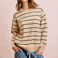 Pull à manches longues pour femme, léger, respirant, à rayures, ourlet côtelé, épaules tombantes, printemps-automne