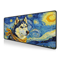 Tapis de Souris Artistique Grand Format en Tissu avec Surface Caoutchoutée, Motif Dessin Animé Husky Sibérien, Série Esthétique, Peinture à l'Huile, pour Bureau