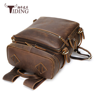 Tiding Men's Crazy Horse Leather <b>Backpack</b> 16-Inch Laptop Bag Large Capacity Travel <b>Backpack</b> Solid Color Shoulder <b>Straps</b> - Product Image 3