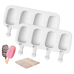 2 pak Set cetakan es loli silikon 4 lubang cetakan kue Oval cetakan Pop untuk musim panas DIY nampan es batu dengan 50 stik es batu kayu