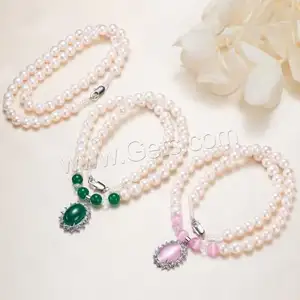 Natural Freshwater Pearl Necklace for woman with Cats Eye & Jade Malaysia silver color plated with rhinestone 1650337