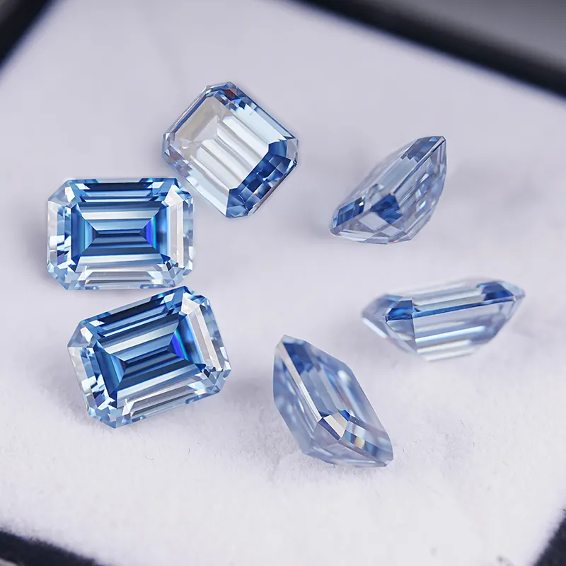SICGEM 0.2CT To 19CT Vivid Blue Moissanite Lab-Created Emerald Cut Blue Transparent Loose Gemstones