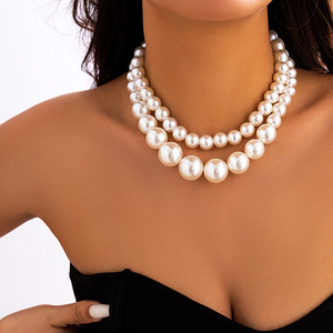 Europa América exagera el temperamento perlas grandes Gargantilla Cadena de clavícula versátil collar de perlas de imitación multicapa - Product Image 1