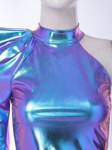 Vestido Metálico de Un Solo Hombro para Mujer, Iridiscente, Plisado, con Cuello Simulado, Manga Abullonada, Disfraz de Baile para Fiesta Disco, Personalizado - Product Image 3