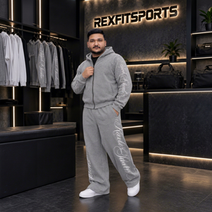 ชุดวอร์มมีฮู้ดสีเทาสำหรับผู้ชายไซส์ใหญ่ REXFITSPORTS ชุดเซ็ตเสื้อแจ็คเก็ตซิปยาวเต็มตัวและกางเกงขายาวผ้าฝ้ายสไตล์สตรีทแวร์ทรงหลวมสำหรับฤดูใบไม้ร่วง - Product Image 1