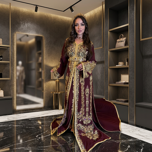 Elegant Burgundy Chiffon Floor-Length Dress Gold Embroidery High Neck Long Sleeve Ball <b>Gown</b> Built-in Bra Non-Stretch - Product Image 2