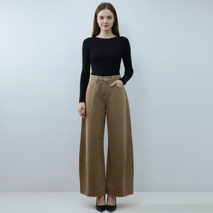 Jean décontracté pour <span class=keywords><strong>femme</strong></span>, coupe droite décontractée, <span class=keywords><strong>taille</strong></span> <span class=keywords><strong>haute</strong></span>, jambe large, en denim <span class=keywords><strong>kaki</strong></span> marron, avec ourlet à franges et poches frontales obliques - Product Image 1
